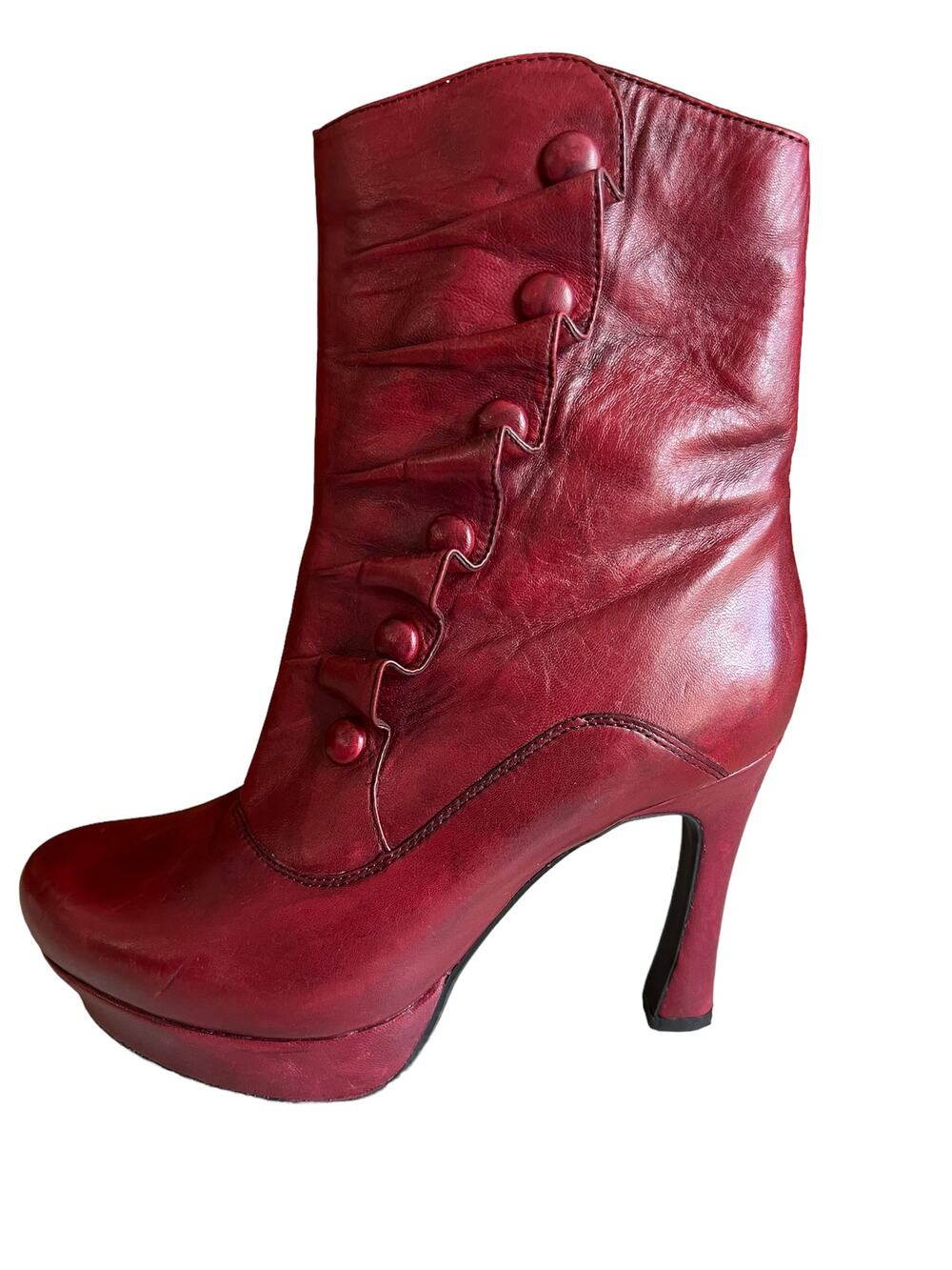 Earthies Steampunk Ruffled Leather Ferarra Platform Boots Deep Red Wine 9